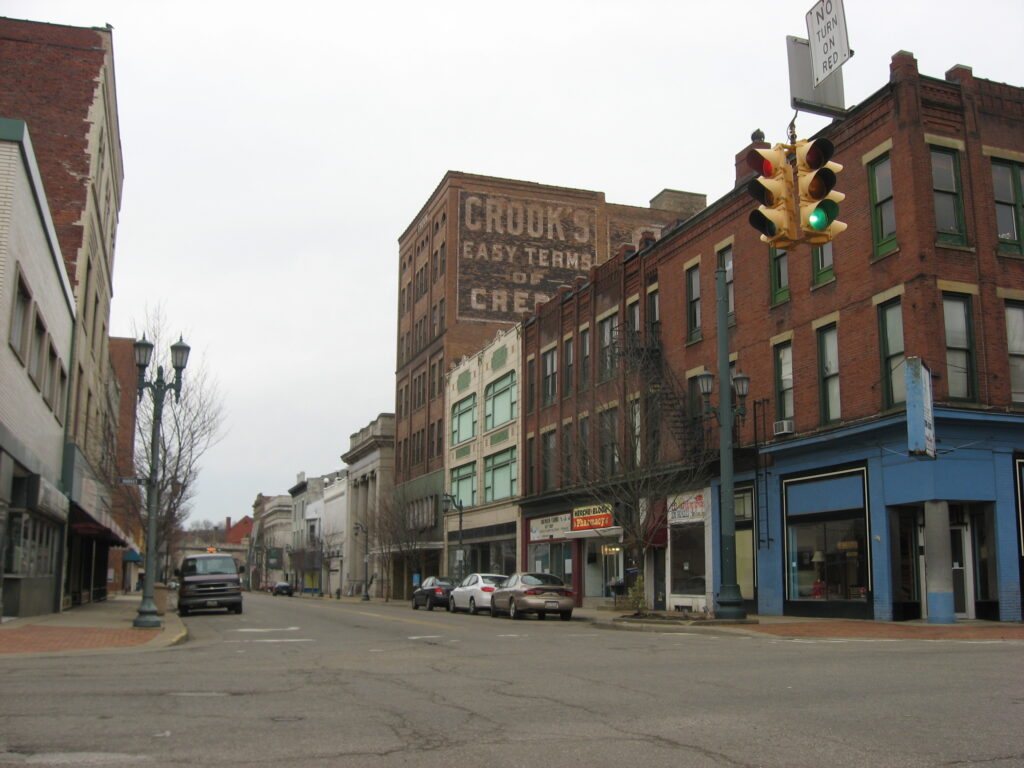 Picture of a street in East Liverpool, Ohio. Historic Main Street type street. vocational school
